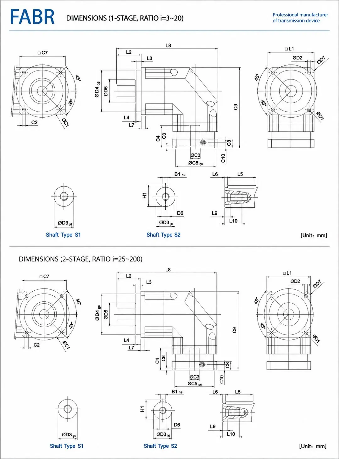EP-FABR Series Right-Angle Planetary Gearbox Dimension
