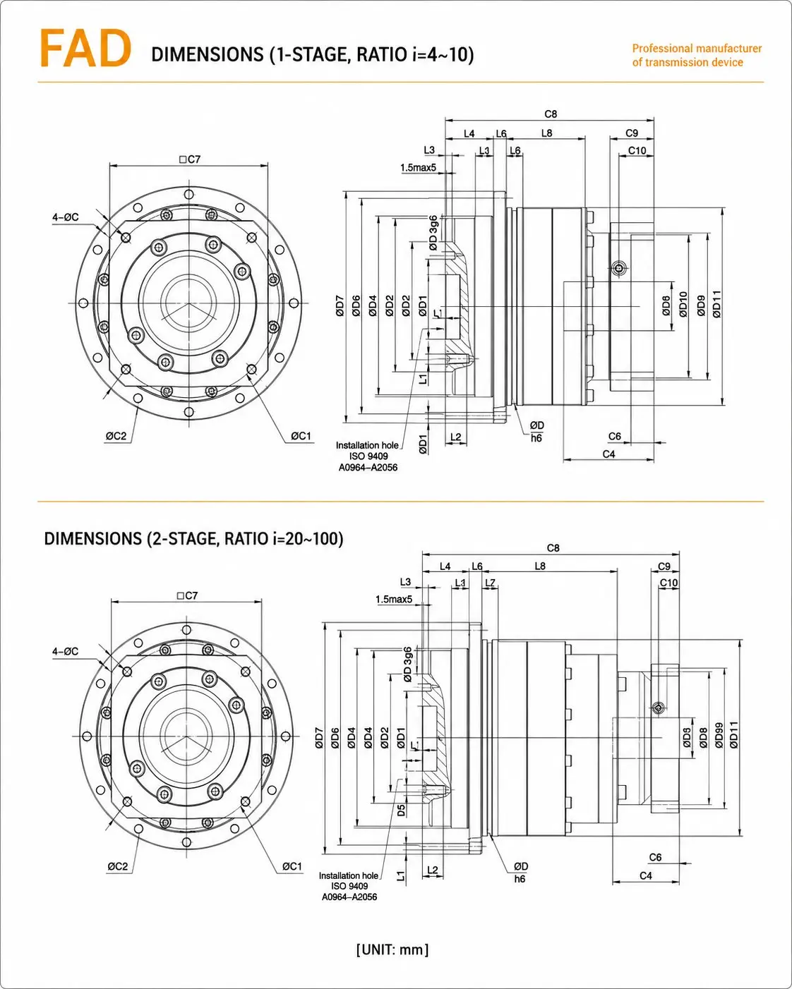 EP-FAD Series High-Speed Precision Planetary Gearbox Dimension