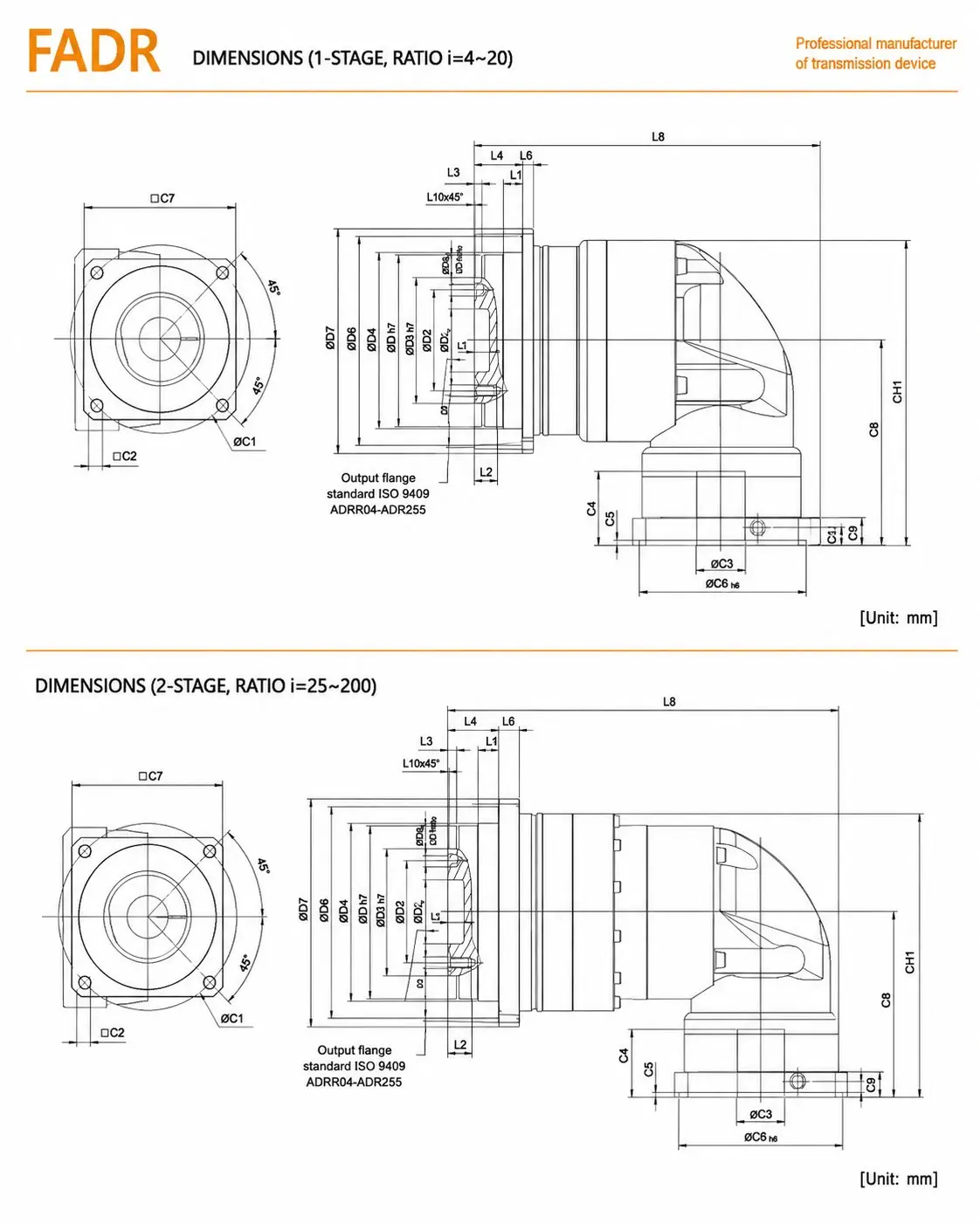 EP-FADR Series Right-Angle High-Speed Planetary Gearbox Dimension