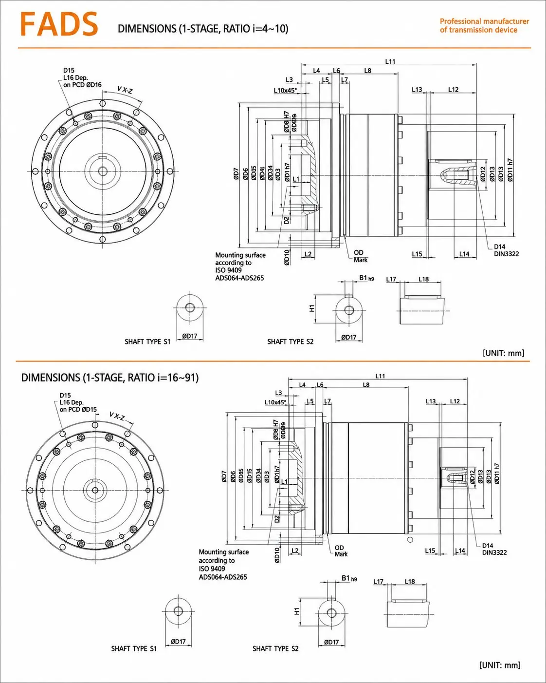EP-FADS Series Adapting-Flange High-Speed Planetary Gearbox Dimension