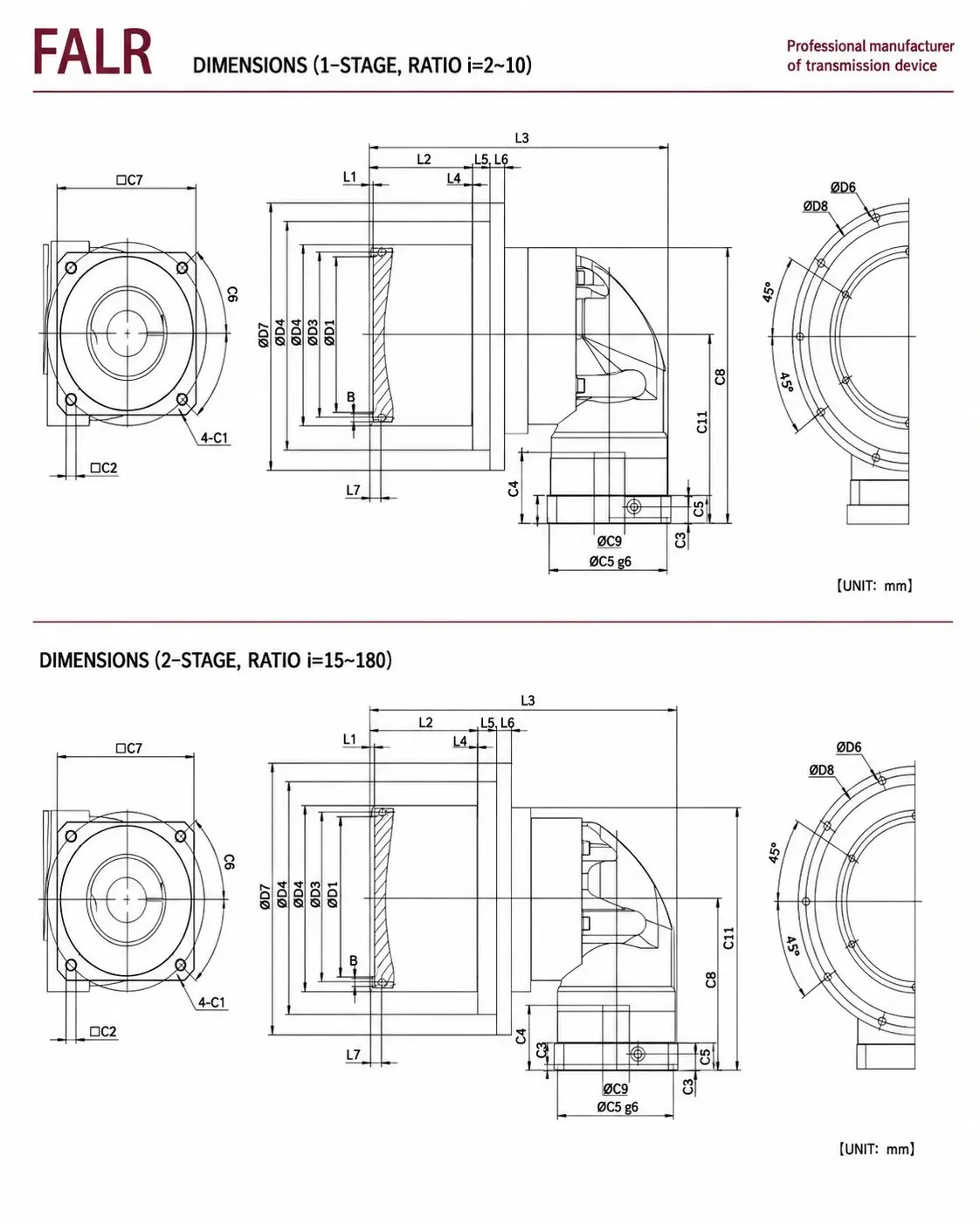 EP-FALR Series Right-Angle Planetary Gearbox Dimension