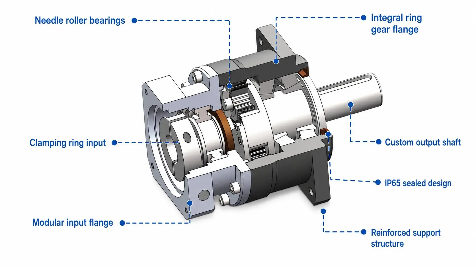 Planetary gearbox internal structure — ring gear, planet gears, sun gear, planet carrier